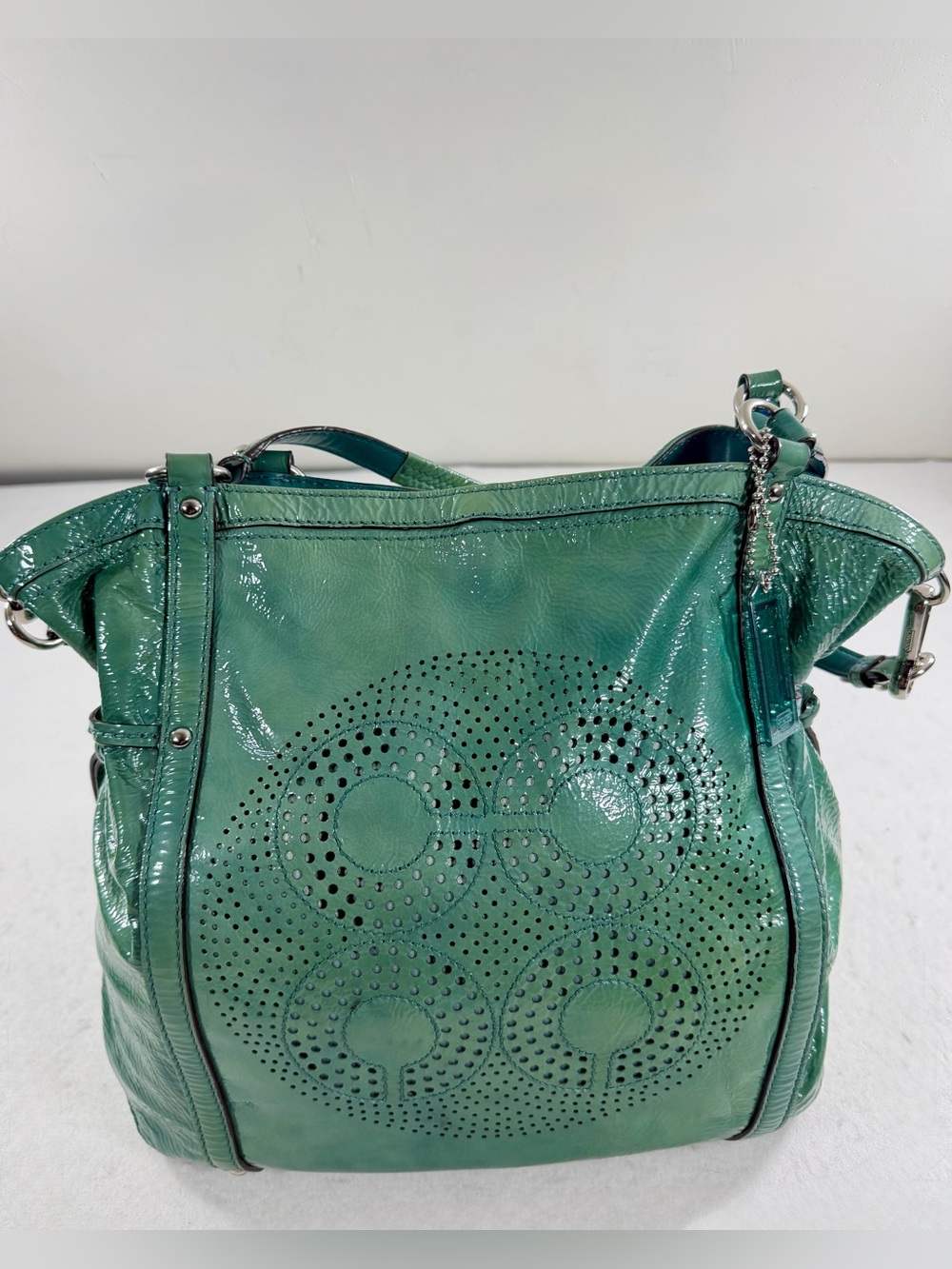 Coach F19569 Seafoam Green Patent Leather Tote Perforated Logo Shoulder Bag